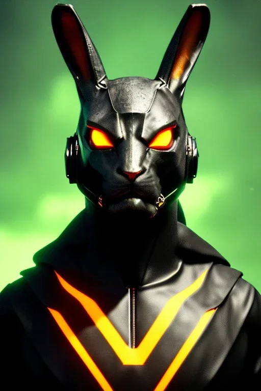 Medium Close Up Portrait, Front image. cyberpunk, rabbit mask helmet, strong man, titanium hair. Latex suit. Black, yellow, color. Rocketer style. Color background, photo studio. Avatar image, highly detailed, concept art, smooth, unreal engine 5, ray tracing, RTX, lumen lighting, ultra detail, volumetric lighting, 3d, finely drawn, high definition, high resolution.