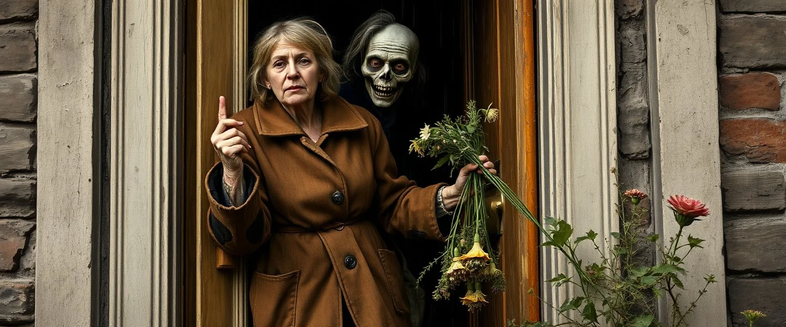 close up portrait painted by Rembrandt, Maya is standing in the doorway with one hand still on the handle. She looks surprised, but not frightened. The zombie is wearing an old brown coat with patches on the elbows. His shoes don't match. What's surprising is that he's carrying a bunch of wildflowers. One of them has slipped from his hand and landed upside down on the porch. The rain is falling everywhere except on the flowers. That's a little strange. The story doesn't mention it.