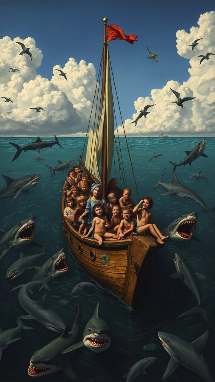 Hieronymus Bosch style , a boat full of children surrounded by sharks