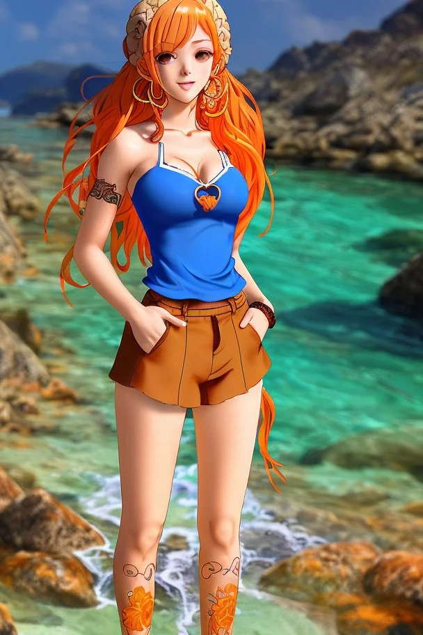 Full body of beautiful girl nami, Hair Color: Orange, Style: Wavy, Outfit Top: Blue, Outfit Bottom: Orange, Shoes: Brown, Accessories: Tangerine, Weapon: Clima-Tact, Hat: Straw, Tattoo: Pinwheel, Earrings: Hoops, sophisticated,, beautiful woman, hyper realistic, hyperrealism, photoreal, realistic, photorealistic, soft pastels, full-body, standing, long shot, wide angle, aesthetic