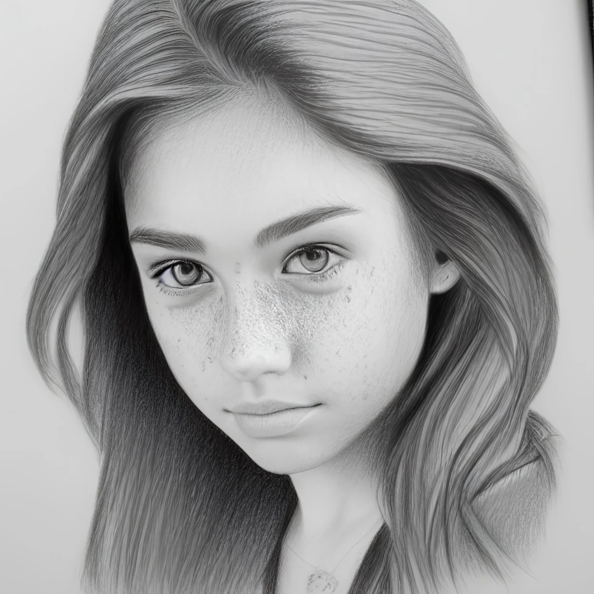 pencil drawing of a teenage girl, monolid, freckles, pencil drawing style