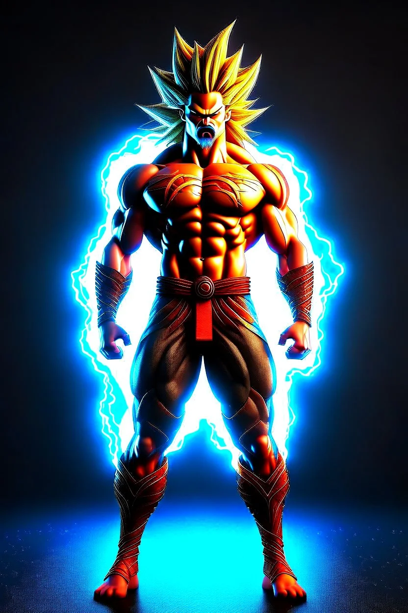 realistic 3d rendering of goku super saiyan fused aquaman, surrounded by lightning, big muscular, full body photography, hyperrealistic