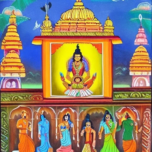 spiritual consciousness of Indian temple architecture in miniature painting style surrounded by mystical creatures performing wind ritual