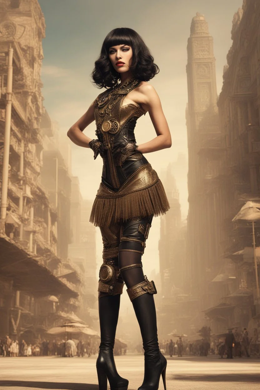 full-body-art of a woman with a bob with a fringe hairstyle, Cleopatra clothing, black knee-high boots, steampunk city background