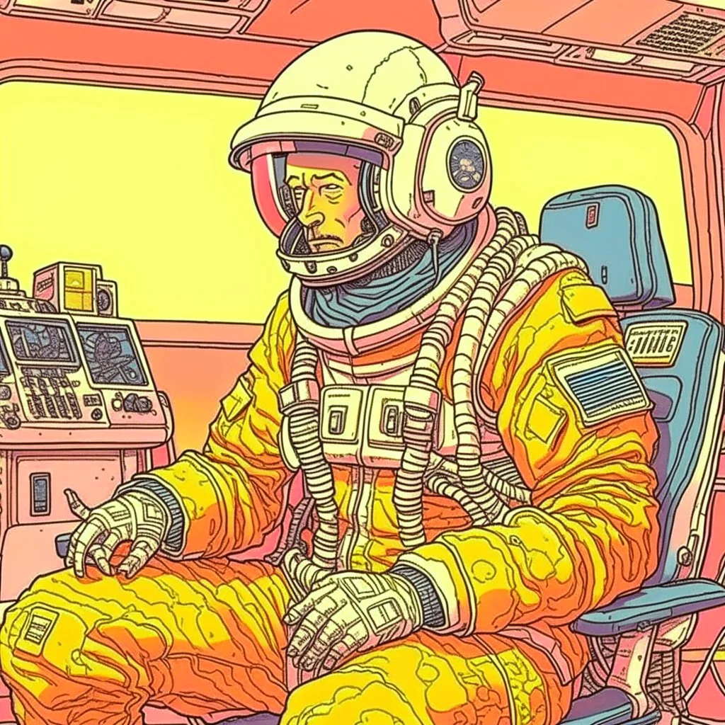 Moebius style scifi pilot with headphones, pilot helmet and exosuit sitting in a starship cockpit with solid colors with a desert and dusty station in the background