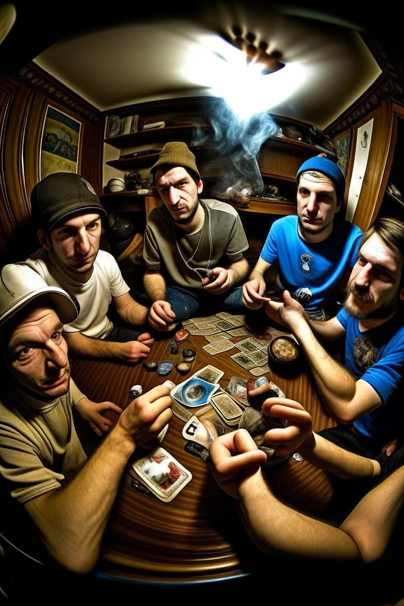 Jorge Bush and some friends smoking and playing cards, davinci. Surreal. Agony face, smile, pain scream. Fish eye lense camera. Perfect composition.