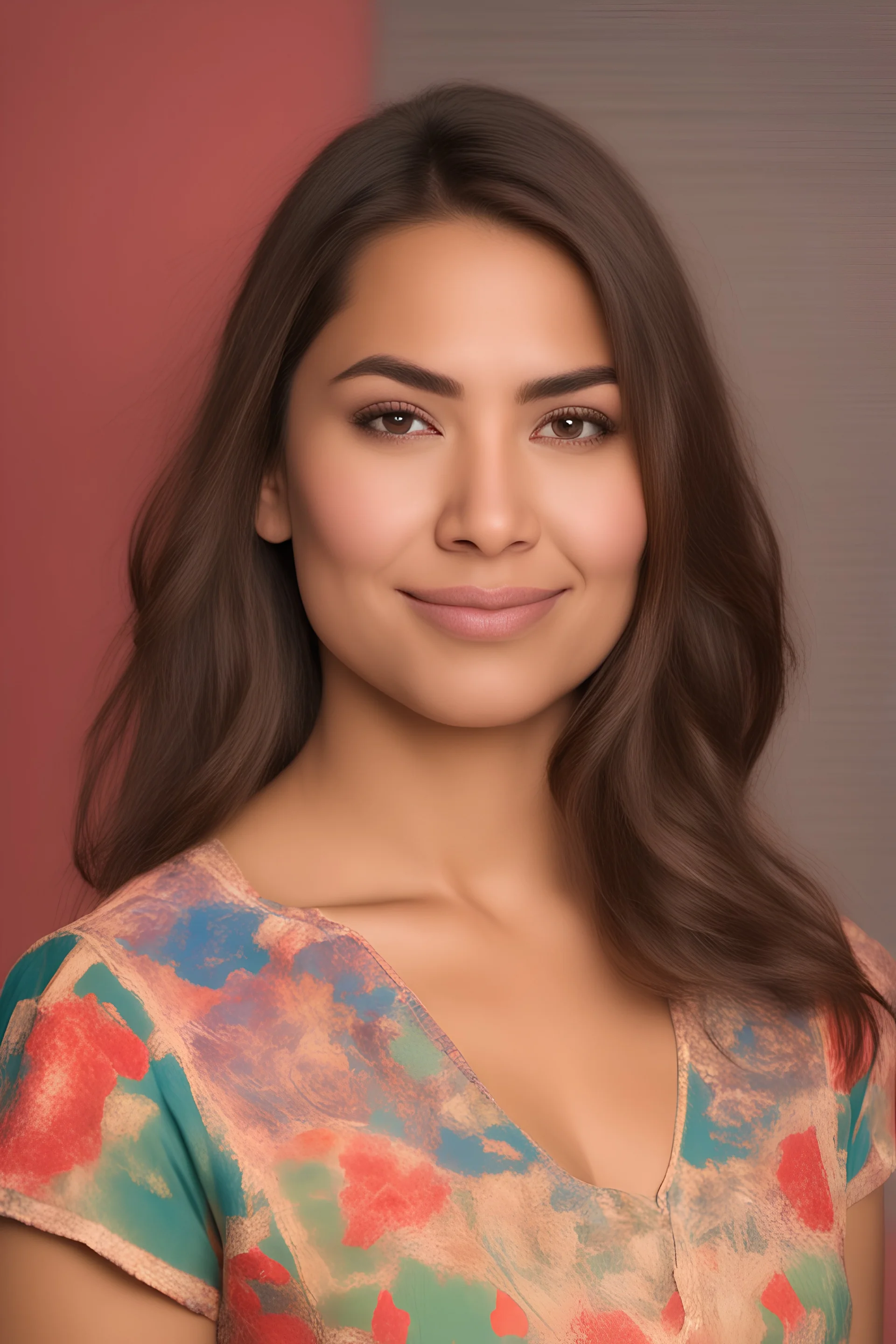 The standard passport-style headshot photo of the face of one young typical average-look Mexican woman for interview in not formal cloth