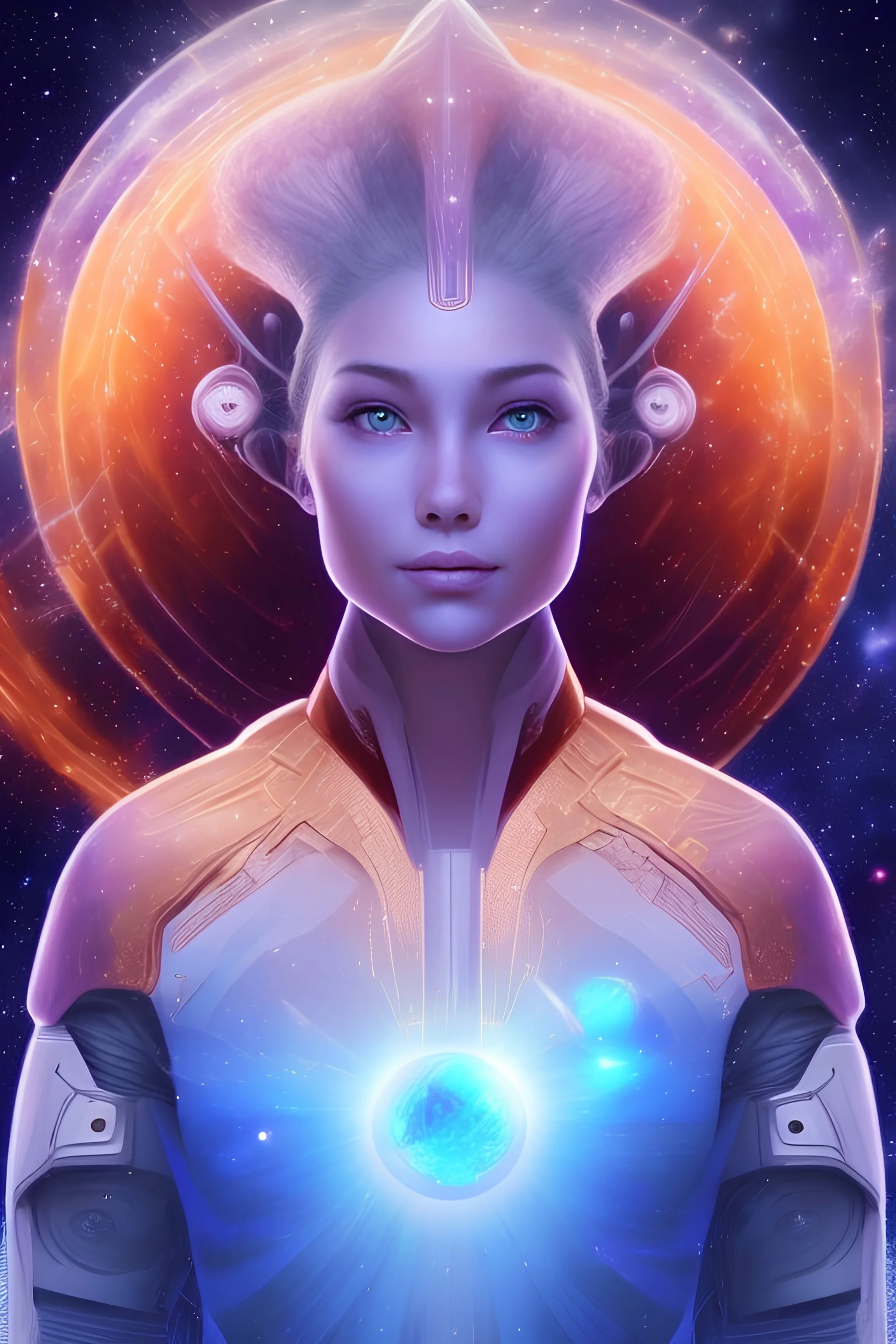 young woman cosmic admiral from the future, one fine whole face, large cosmic forehead, crystalline skin , expressive blue eyes, blue hair, smiling lips, very nice smile, long hair combinaison spatiale pleiadian ,sourire, belles couleurs arc en ciel,lumiere