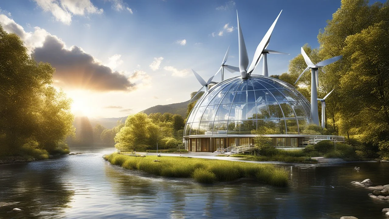 6003. Innovative environmentally-friendly home, wind turbines, solar panels, water wheel in river, alternative energy, scientific experiment, home of the future, fantasy, robotic, automated, spectacular, futuristic, beautiful lighting, attractive composition, photorealistic, extremely detailed, chiaroscuro