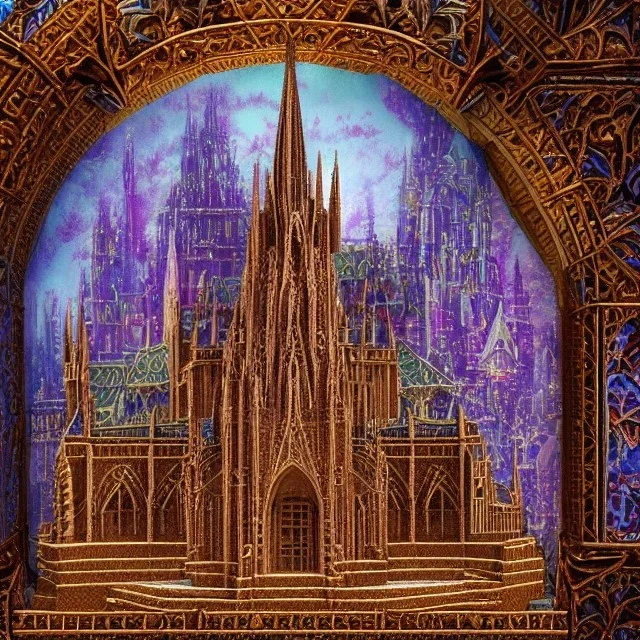 model of grand cathedral made of gingerbread house and crushed, vibrant rock candy as stain-glassed windows, 8k resolution, centered, high-quality, ultrafine-detail, ornate, digital art, flickering light, baroque, detailed matte, volumetric lighting, illustration, 3D octane render, brian froud, howard lyon, George Grie, greg rutowski,