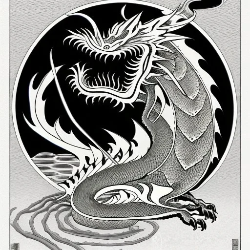 Ukiyo-e styled art, black and white dragon