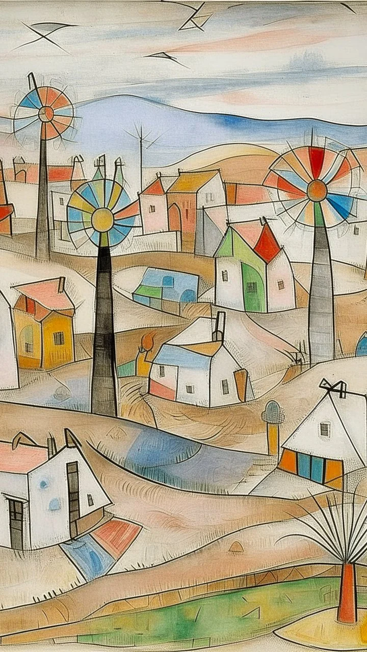 A white village with windmills painted by Paul Klee