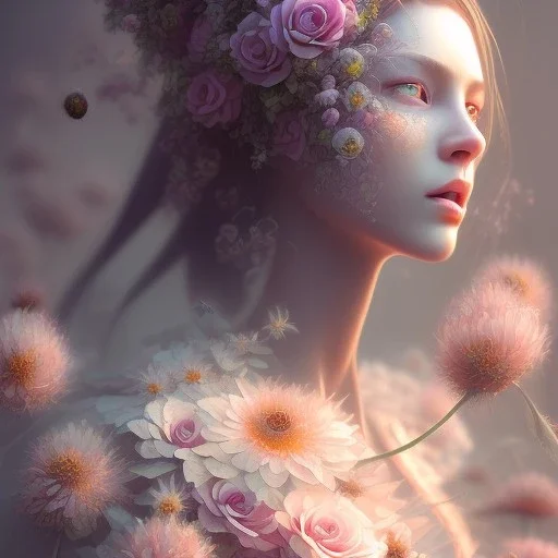 flower beautiful girl,utra realistic,highly detailed, sharp focus, insanely detailed, parallax flowers, honeybee, fantasy art, intricate detailed, elegant, fog, Special Lighting, Vibrant, Solid color,color Scheme, forest, unreal engine 5