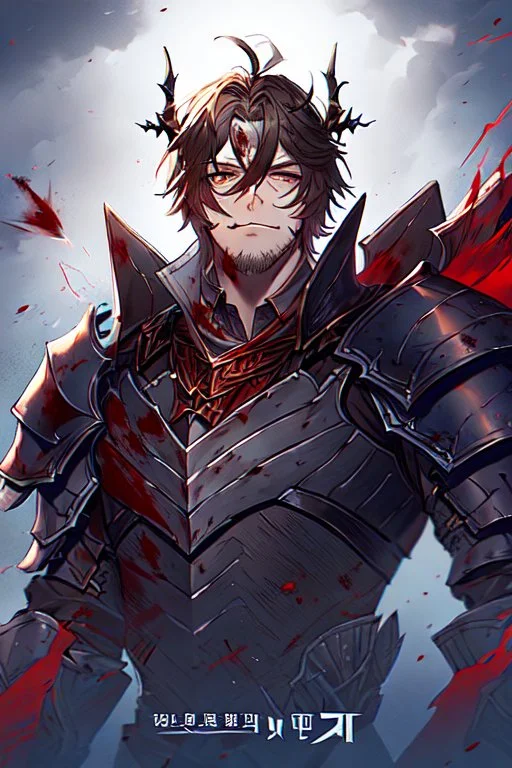 Armored Male Knight by manhwa or korean webtoon style there are lightning and blood spurts around the man his face pointed at the camera and with a serious look he lets his opponent know that it's his turn