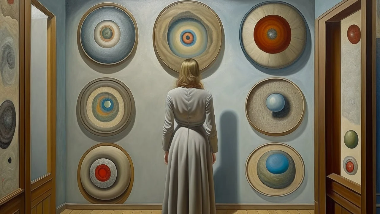 Woman in front of a wall with several circular holes of different sizes, painting by René Magritte, surrealism by Francis Bacon, Greg Rutkowski and Mark Rothko. Painting by Lucian Freud. photorealistic with a palette of a mixed media, very brutal, surreal, symmetrical