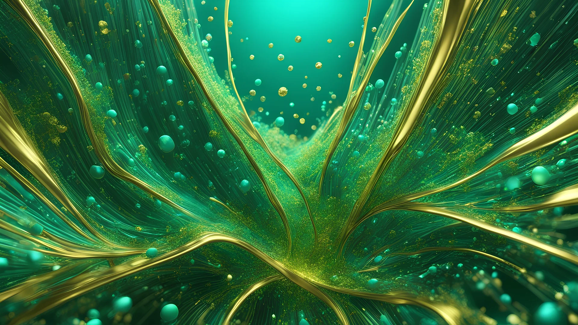 organic multicellular composition of luminous points which undulate to create striking visual effects on a gold, lush green and turquoise background,, photorealism, hyper detailed, 8k