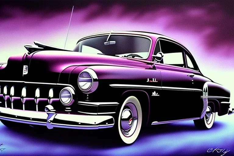 a true-to-life 1950 Ford Club Coupe, centered, intricate, extreme detailed, photorealism, center view, suburb background, pivot on ford, pen and color marker, painting by cheryl kelley