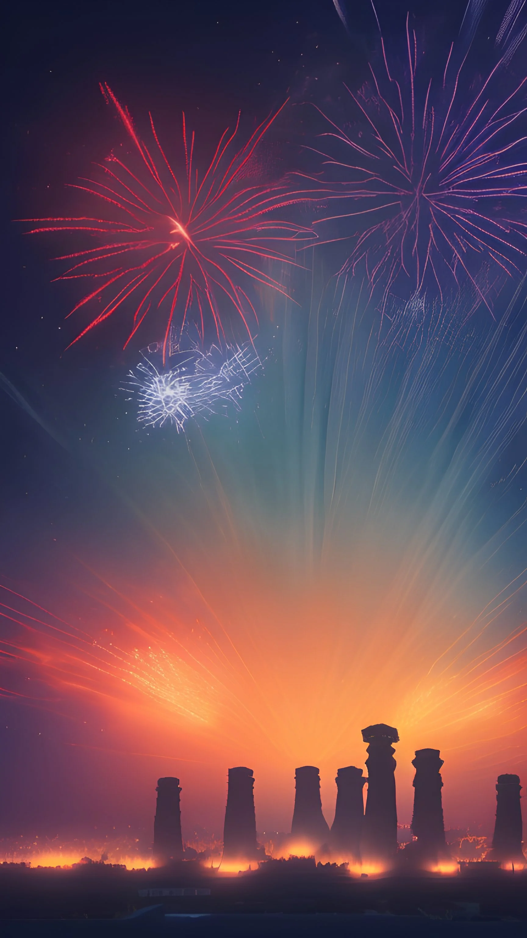 a silhouette of Persepolis skyline at night, with fireworks and stars in the sky, persian architecture