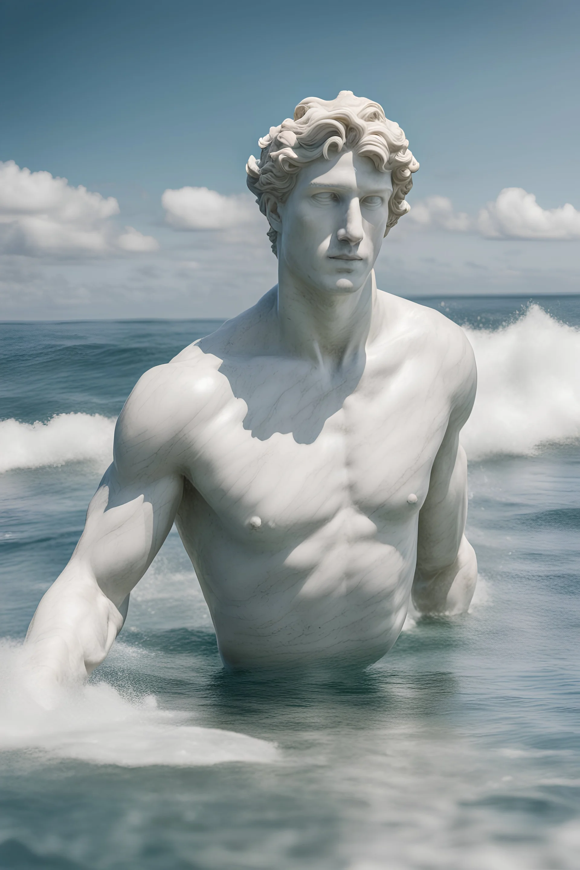 male marble statue swiming in the ocean