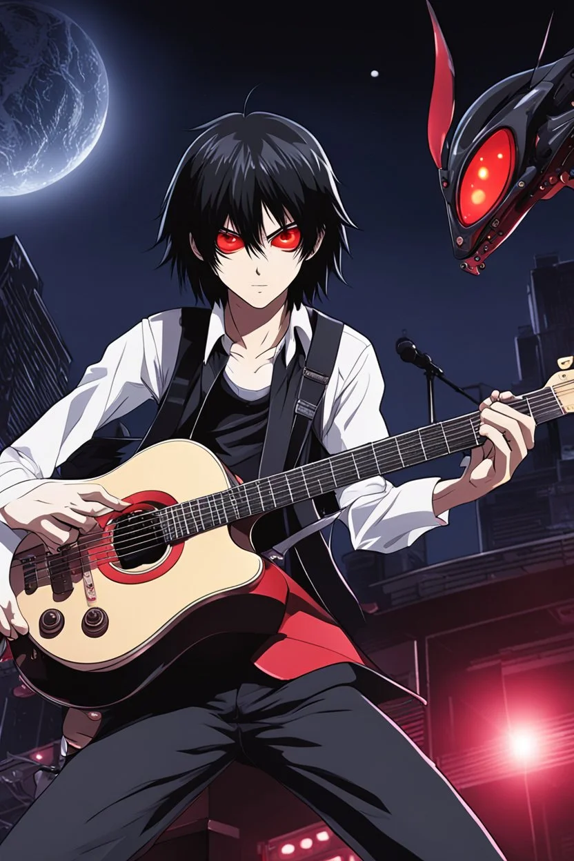 A 30 years old male guitarist playing guitar at a midnight concert, red creepy alien bug eyes, black hair, athletic build, correct hands, in the style of manga "Rosario+Vampire"