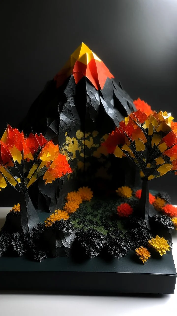 A black mountain with autumn season trees designed in Japanese origami painted by Gustave Courbet