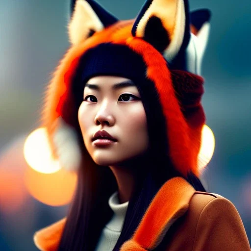 mdjrny-v4 style, cute asain girl wearing a fox hat by greg rutkowski and Guwiez, depth of field, cinematic lighting, 8k uhd, redshift render