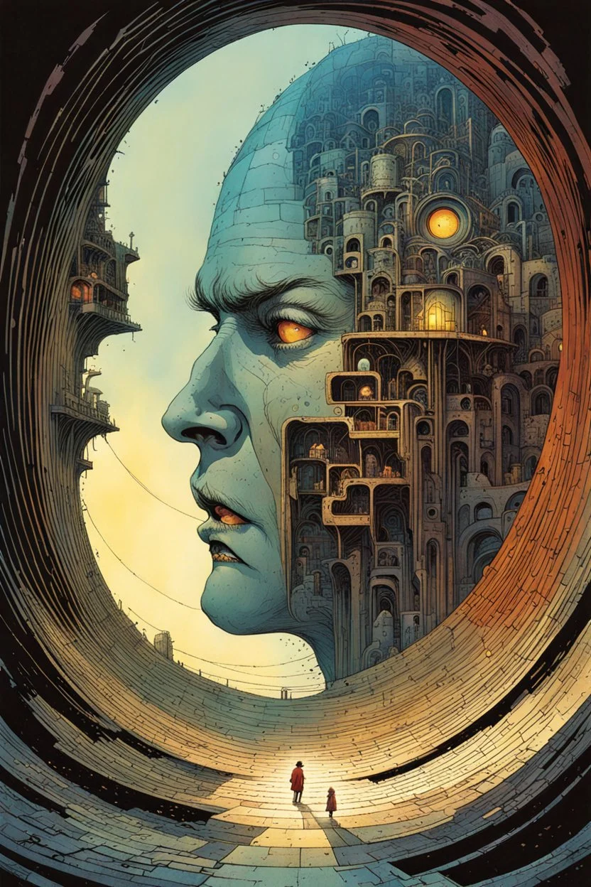 a surreal portrait of the inner workings of a disturbed mind as a ruined, twisted, nightmarish labyrinth , Tracy Adams , Gabriel Pacheco , Douglas Smith , Bill Sienkiewicz, and Jean Giraud Moebius , muted natural color, sharp focus, ethereal and filled with wonder