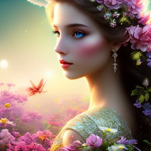 bright fairy, beautiful portrait, flowery landscape