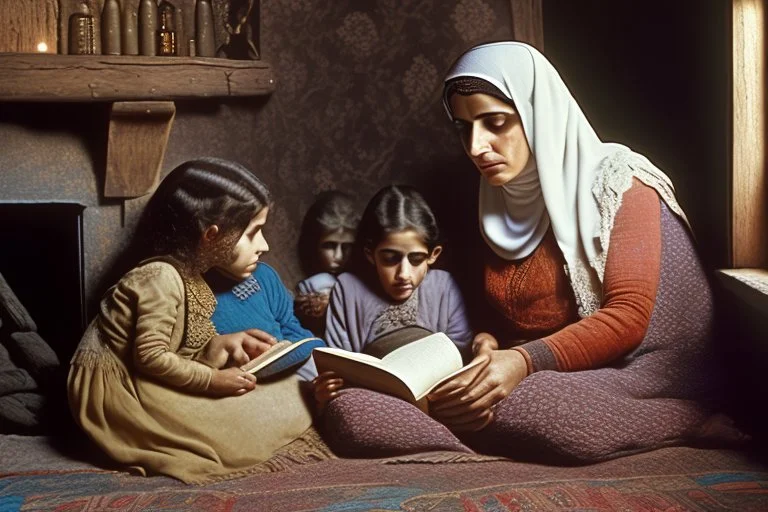 A close-up scene of an Arab mother reading the story from a book with her children around her in the room of the old wooden house near the fireplace 100 years ago.