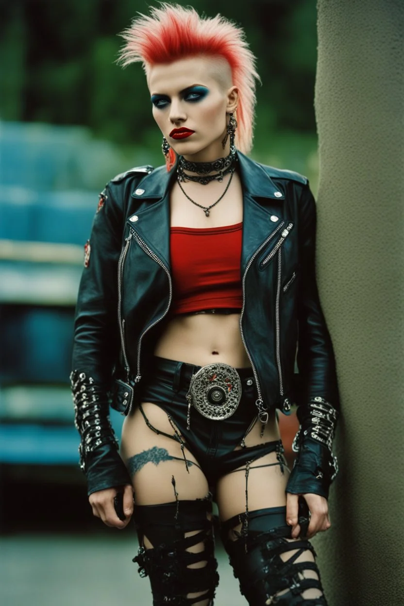 photo of a beautiful Polish young punk woman taken by a Mamiya M645 camera with portrait lens on colour medium-format film, red lips, blue eyes, red mohawk, black leather jacket, Ramones style, heavy boots, fishnet stockings, torn t-shirt, nosering, few earrings, belly ring