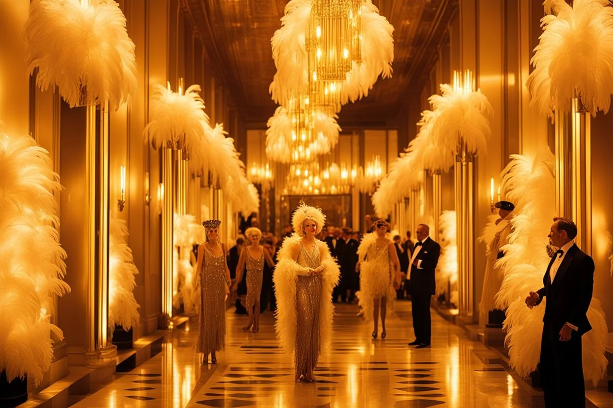 People in glittering extravagant costumes with feathers, in an Art Deco opera foyer with mirrors and brass sconces, incandescent, gleaming