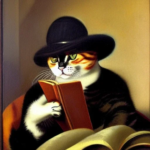 oil portrait of a cat with hat reading a book and smoking a pipe by Diego Velázquez 8k