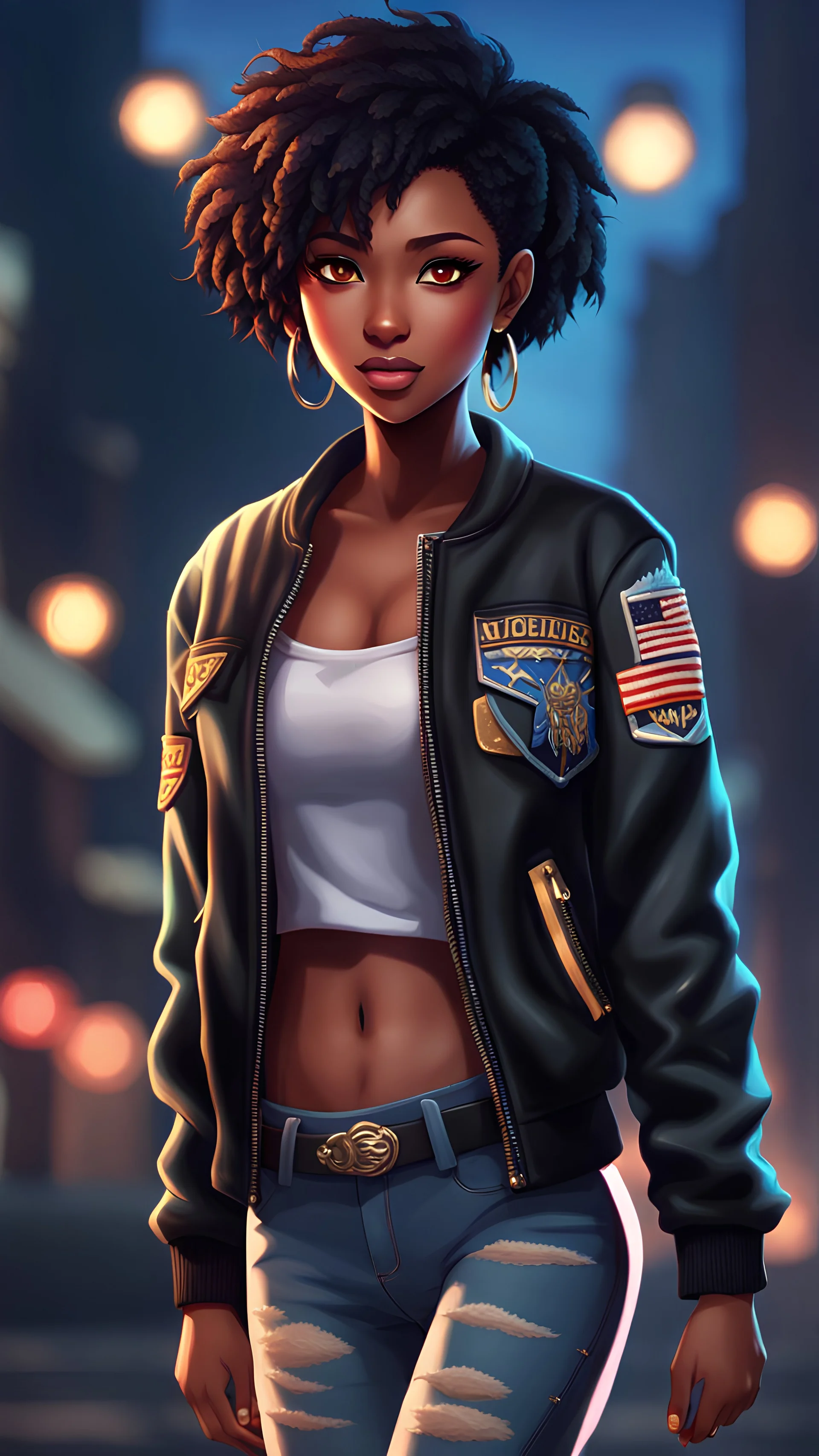 twenty year old black girl with short hairs, with a jacket and rock clothes style, from head to toe, best quality, digital painting, 4k, sharp focus, intricate texture, skin imperfections, blank background. , interactive novel style,bokeh, professional, anime clean drawing,Your Name, 4k, highly detailed, clear lighting,