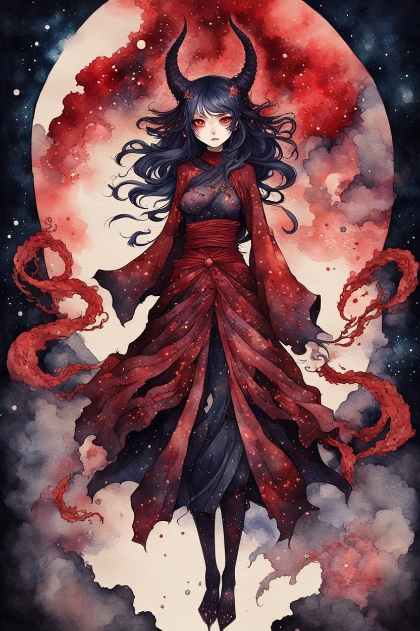 Demon girl wizard behind, horror, nightmare, galaxy in eyes, fullbody, watercolor illustration by <Katsushika Hokusai>, darkred tones,