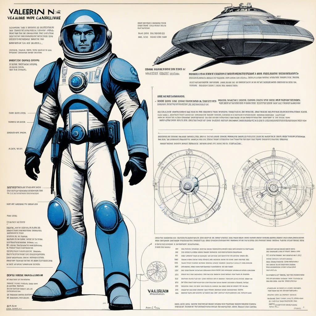 character concept sheet with AD&D statistics and characteristics for the TTPRG "Valerian and Laureline", [illustration by Jean-Claude Mézières (1967)] spacio-temporal agent Kael Dravan (male human), in spacesuit, ready to drive a spaceship
