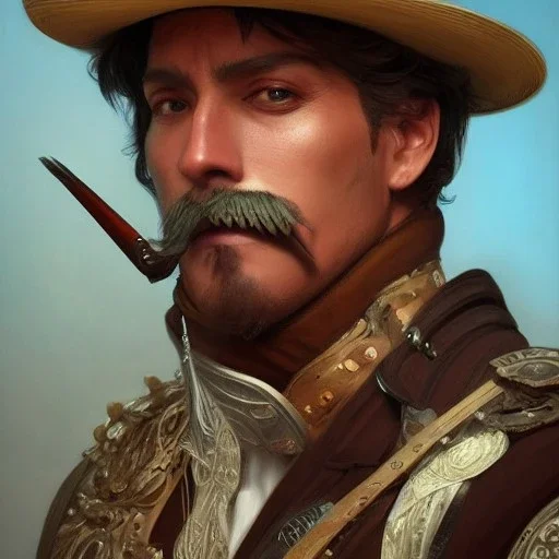 portrait,"Insanely detailed photograph of a male western mustachioed crossbowman", detailed charro and Sombrero, digital painting,eye patch, cigar, artstation, concept art, sharp focus, illustration, art by artgerm and greg rutkowski and alphonse mucha, 8 k,fantasy, unreal engine