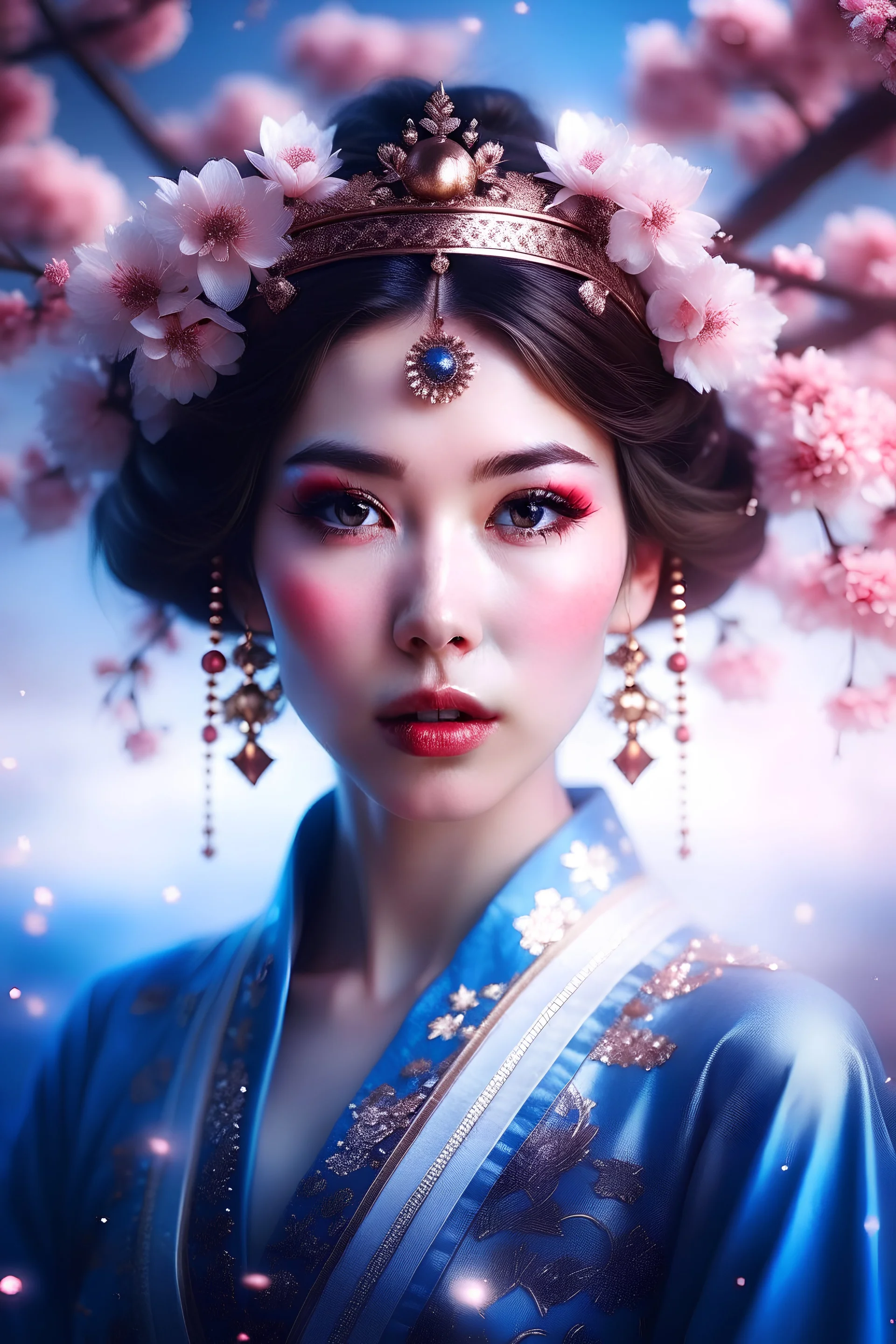 galactic japanese priestess woman detailed beautifull, innocence and gentle face with a little smile, brown hair blue eyes fine gold lace garments in light blue and pink with ethereal background with cosmic atmosphear and a lot of cherry blossoms flower, sideral atmoshpere. More light background more pink cherry blossoms flowers, more light background