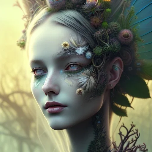 Portrait of beautiful girl, plant, metal, feathers, Dryad, fae, sidhe, ominous, nature, plants, wildflower, facepaint, dnd character portrait, intricate, oil on canvas, masterpiece, expert, insanely detailed, 4k resolution, retroanime style, cute big circular reflective eyes, cinematic smooth, intricate detail , soft smooth lighting, soft pastel colors, painted Renaissance style,bokeh, 800mm lens