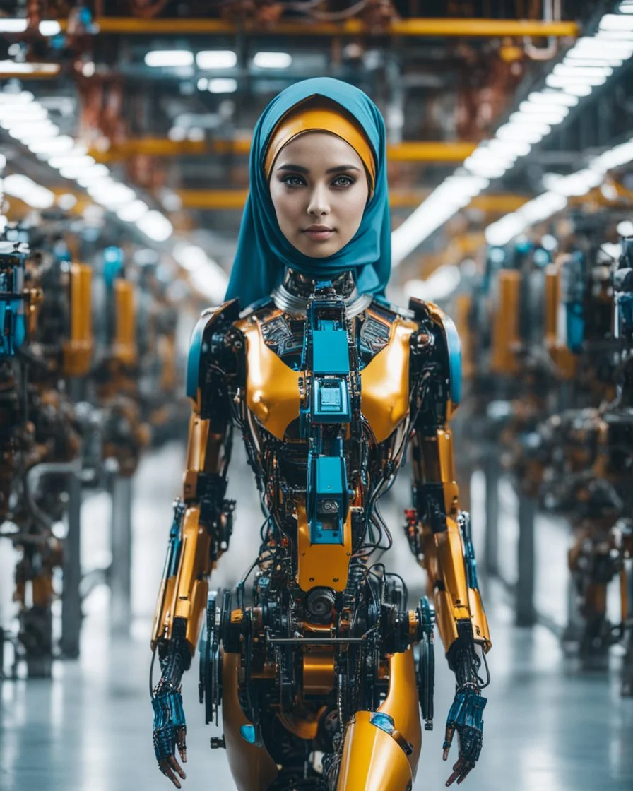 potrait cinematography colors a beautiful woman humanoid robot mechanical hijab walking in between two rows of complex machinery with vibrant colors