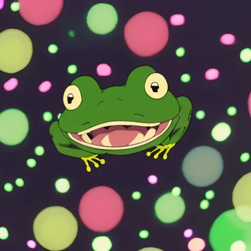 Night scene. A green frog smiling, smiling with teeth, happy, fun. Night. Colorful market. Dark. Black. festival lights. Japanese lanterns. sparkle. Bokeh, fisheye. party. confetti. playful. dance. Saturated.