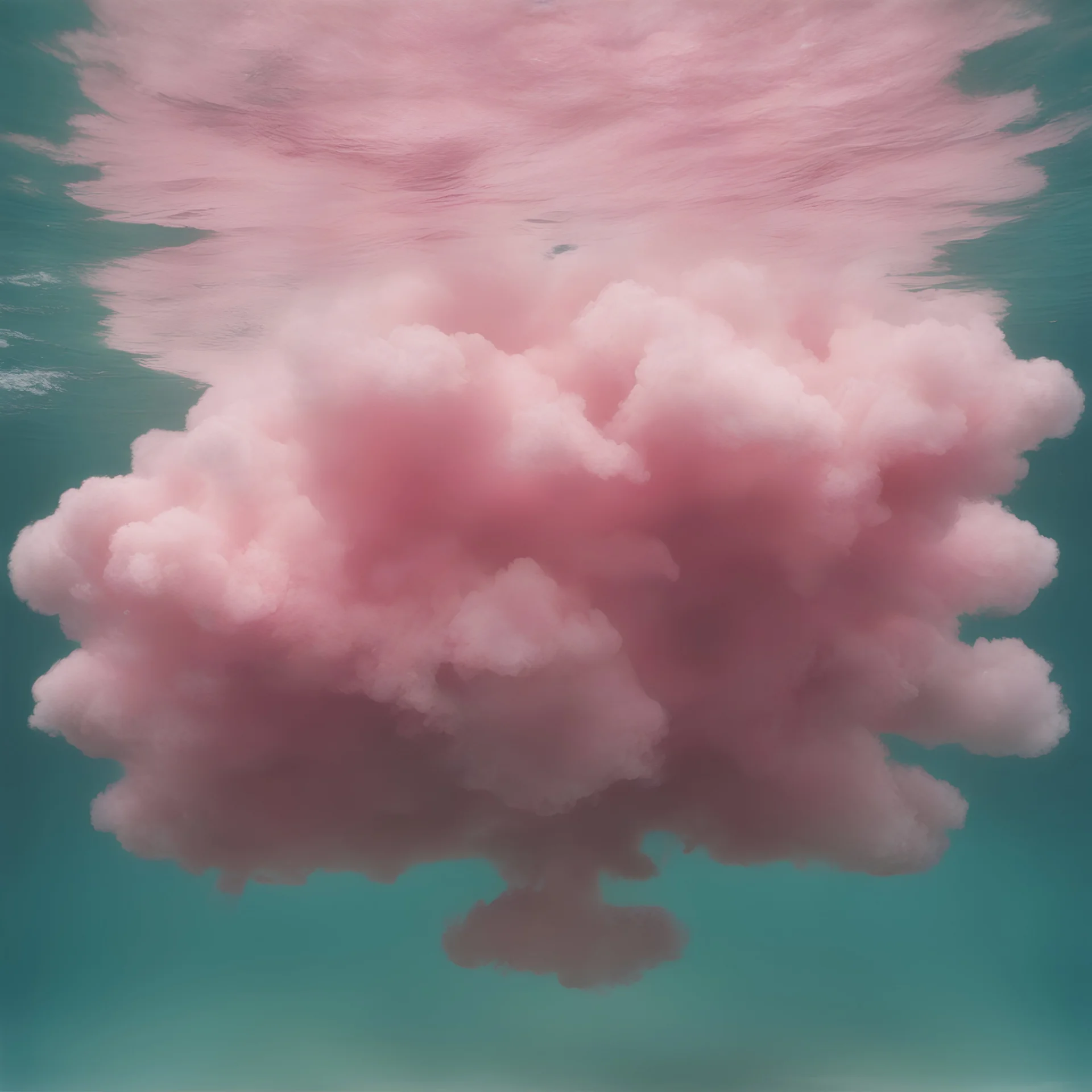 Pink cloud underwater in the 1970s, analog photography with white, damaged