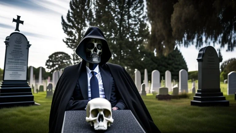 photo of a hoodless grim reaper wearing a suit, highlighting shiny areas of the skull, sitting outside a cemetery with a welcome sign, wearing suit, rim lighting, studio lighting, looking at the camera, dslr, ultra quality, sharp focus, tack sharp, dof, film grain, Fujifilm XT3, crystal clear, 8K UHD, clean, orange evening lighting