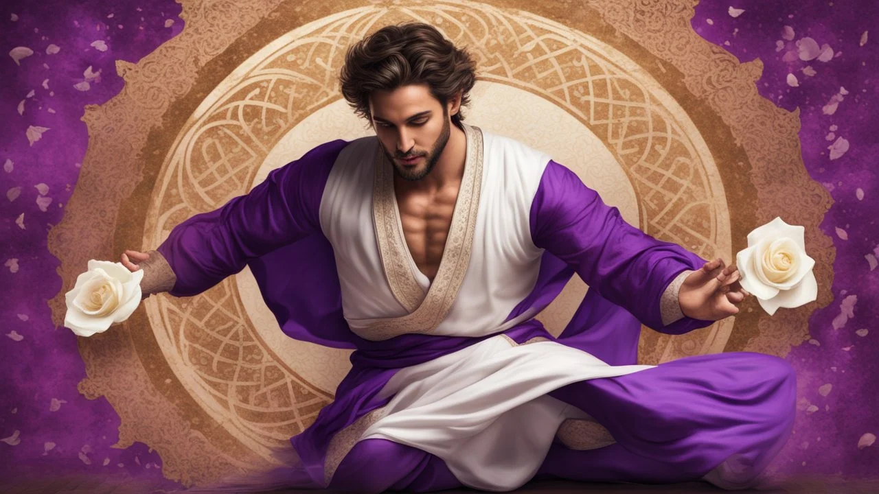 Hyper Realistic young handsome muscular Sufi Whirling with Purple & Maroon, Islamic Sufi Rustic Grungy golden Patterned-Background at night with white-rose-petals.