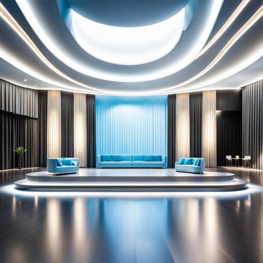 beautiful dance stage with no dancers in luxury modern hall dynamic lights, modern furniture light blue & gray theme