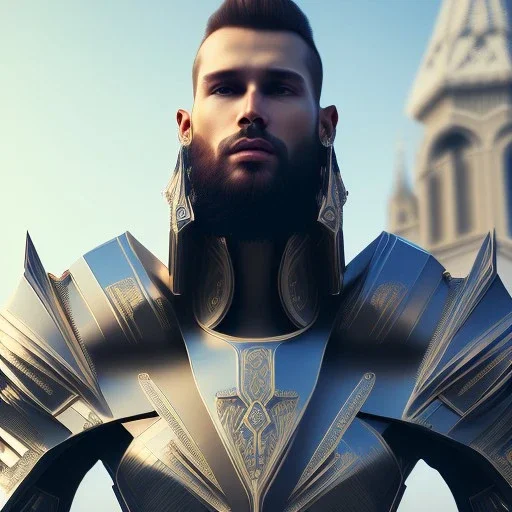 A handsome npc standing in front of a church, futuristic design, a paradise in background, close-up face, geometric armor, female face, 3d unreal engine, black face, closupe