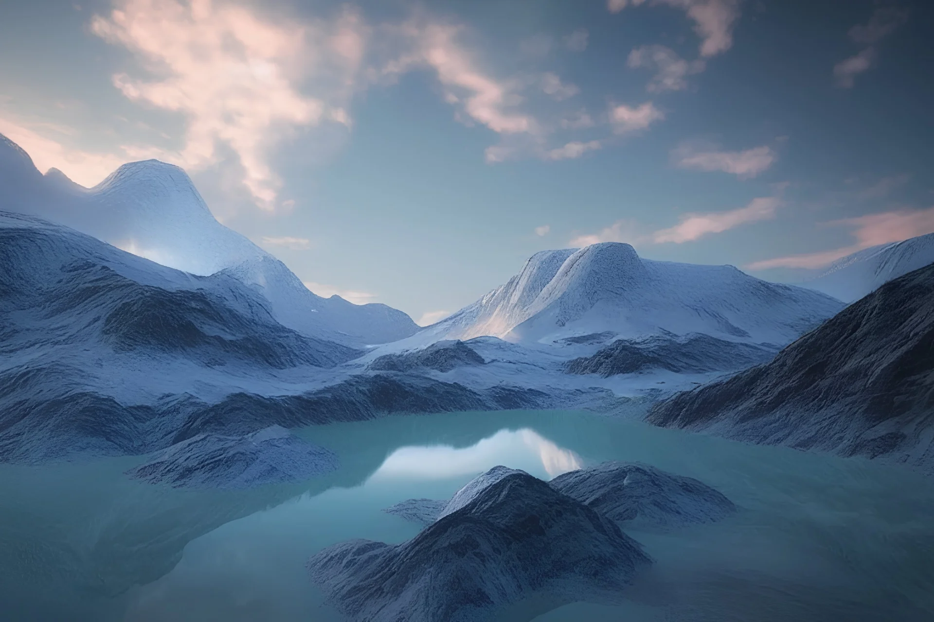 highly detailed glacial lake landscape, sunset, cinematic lighting, 4k, 8k, octane render, trending on artstation, pinterest, extremely detailed, ambient lighting, single frame