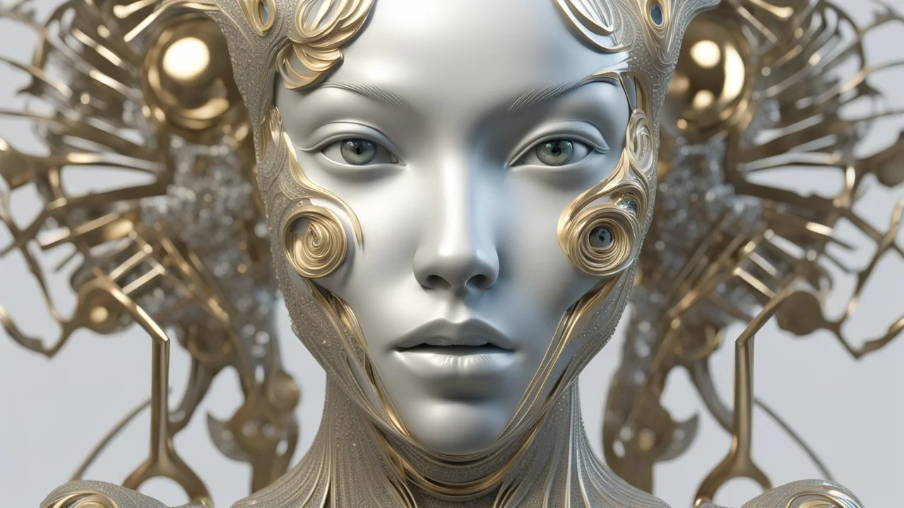 figure of a woman, art from the "art of control" collection by Jasper Harvey, in the style of futuristic optics, silver and gold, flower, bird, detailed facial features, swirling vortices, glowing, 8k 3d, bizarre cyborgs, made of crystals, high detail, high resolution, 8K