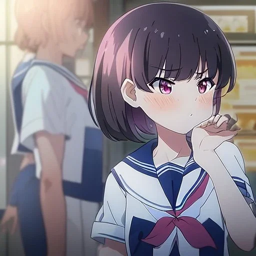 Clear focus, High resolution, A anime teenager, anime screencap, black medium length hair, hair cut in pieces, pink eyes, wearing a sailor uniform, blushing