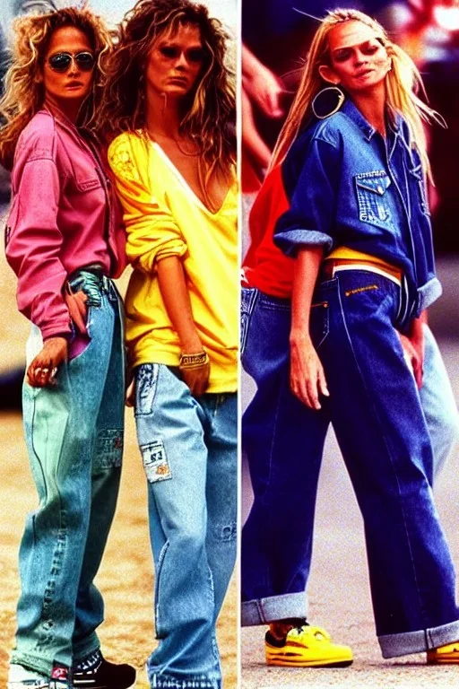 year 1996 denim fashion. Loose fit, low waist, baggy. Colors: denim blue, blue, purple, khaki, light green, lilac, plum, orange, terracotta, red, light yellow, lion yellow, pink, dark blue, beige. Women models. Jennifer Lopez, Kate Moss, Gwyneth Paltrow. Big tennis shoes on.