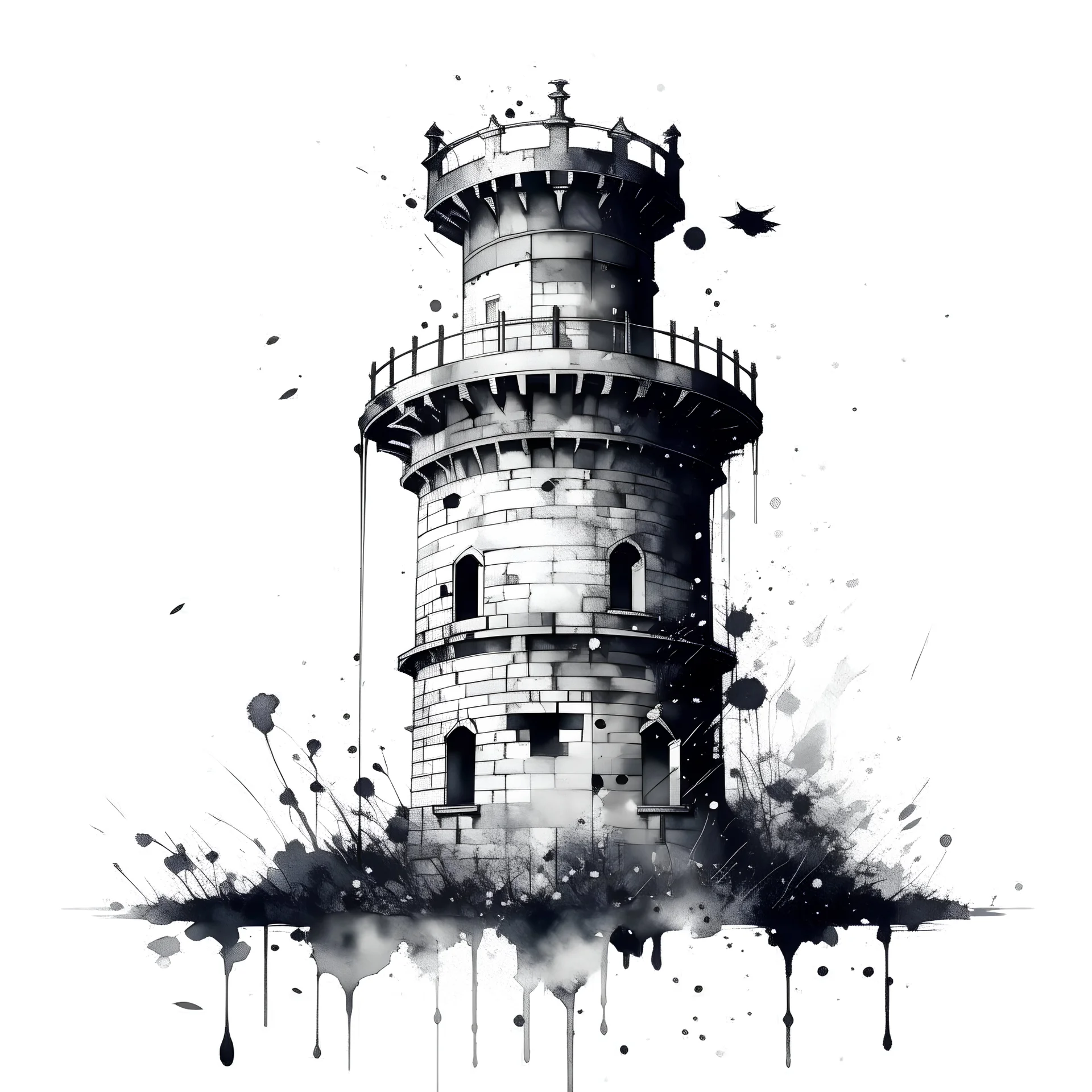 Old castle tower with ink splot